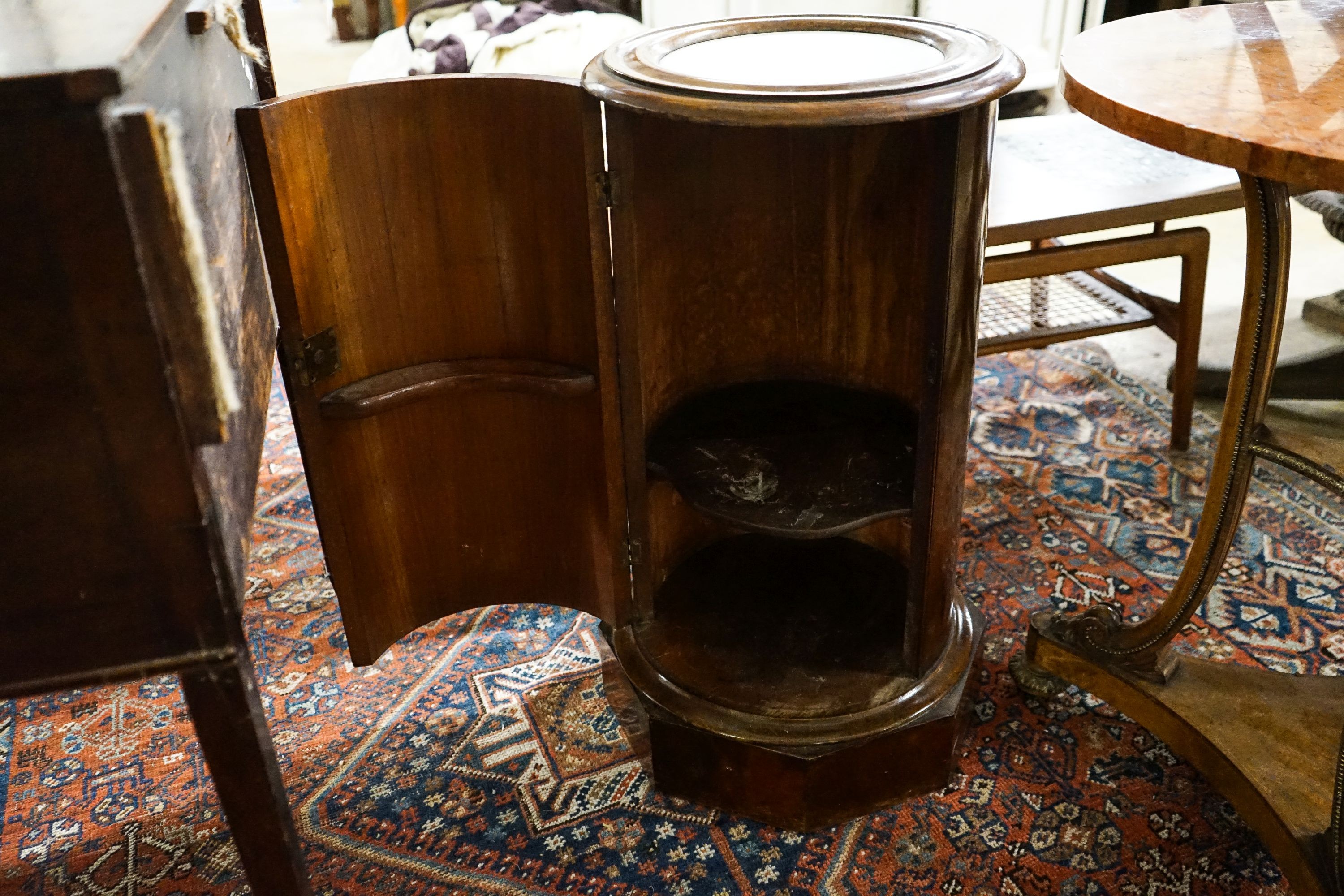 A Victorian mahogany marble top cylindrical bedside cupboard, diameter 38cm, height 73cm